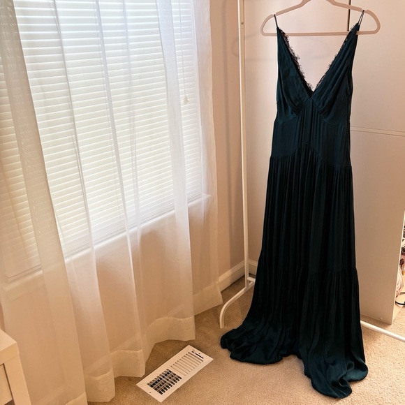 Free People Teal Blue Maxi Dress Size Small Lace Trim Tiered Boho V-Neck - Picture 9 of 9